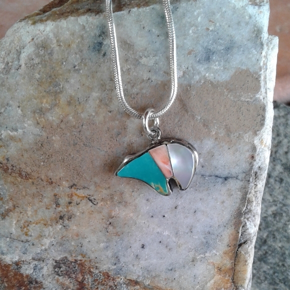 Sterling Turquoise inlay Bear Fetish PENDANT - Picture 6 of 8